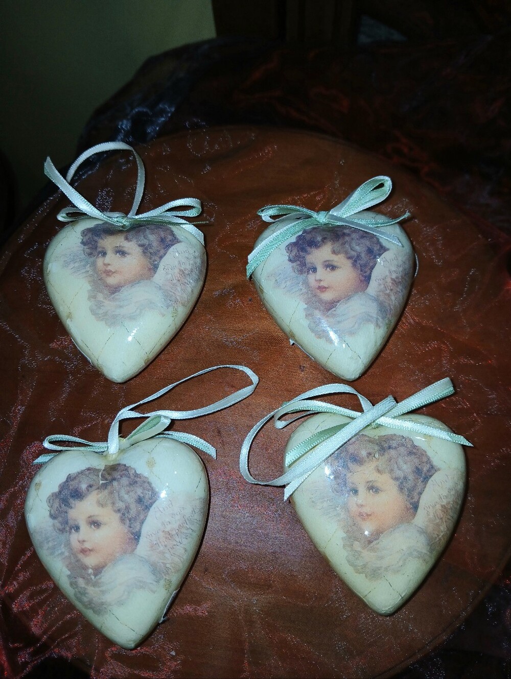 Vintage Cherub Angel Heart Ornaments Set of 4